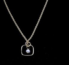 Square charm with pearl necklace, Brass with 22k gold plated, Handmade jewelry